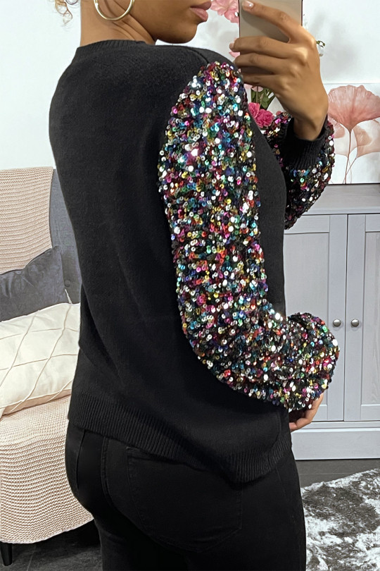 Pull noir très doux à manche doublé de dentelle et sequin - 4