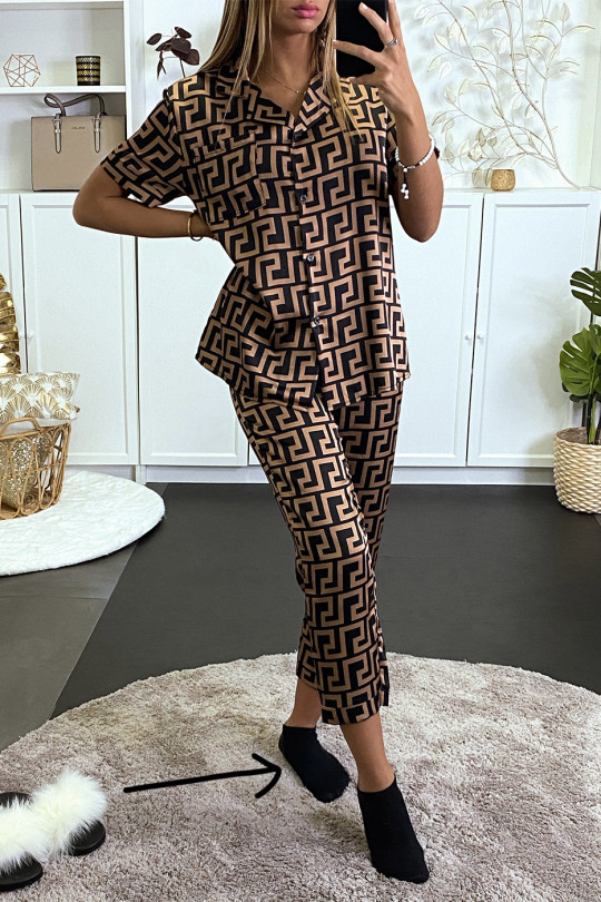 Ensemble de pyjama noir manche courte et pantalon à motif labyrinthe beige - 4