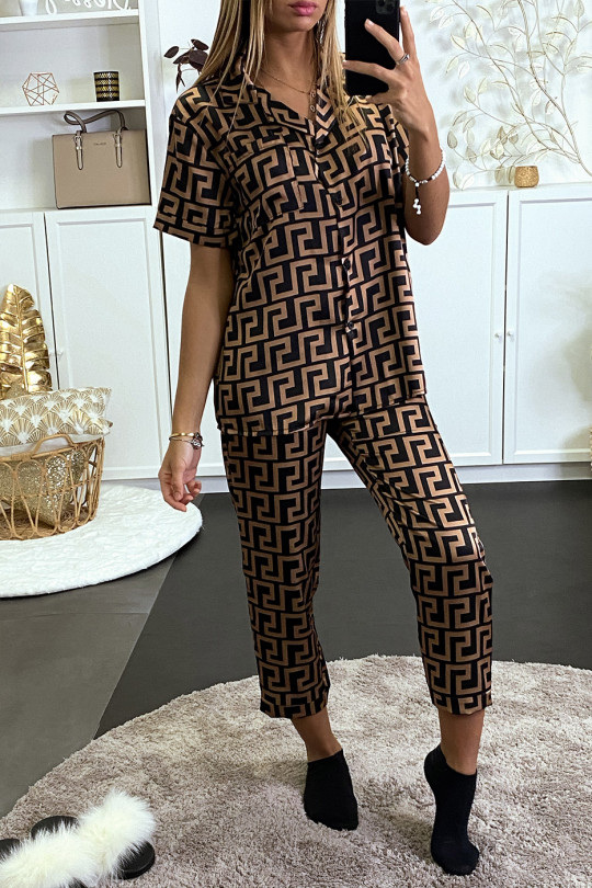 Ensemble de pyjama noir manche courte et pantalon à motif labyrinthe beige - 5
