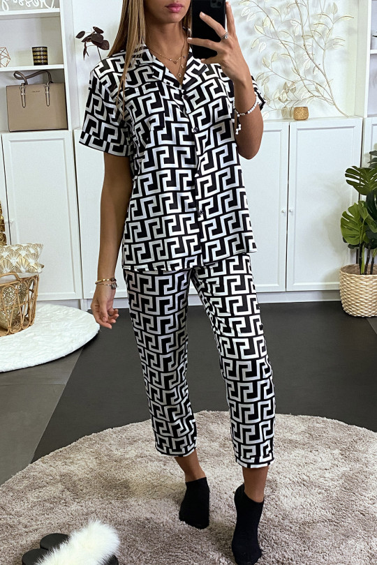 Ensemble de pyjama blanc manche courte et pantalon à motif labyrinthe noir - 8