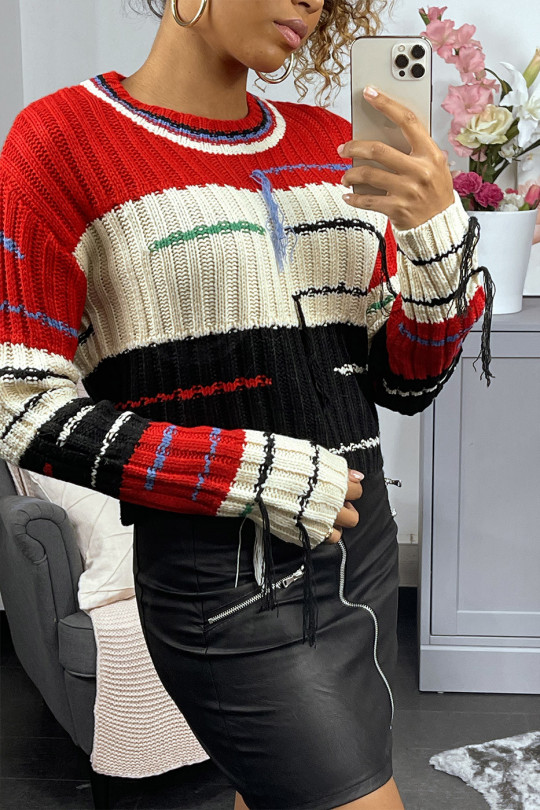 Cropped jumper with predominantly red cable knit and fringe - 1