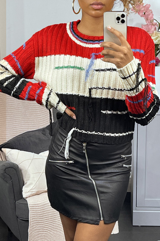 Cropped jumper with predominantly red cable knit and fringe - 2