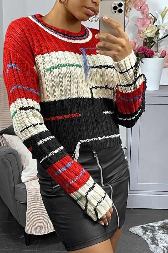 Cropped jumper with predominantly red cable knit and fringe - 3