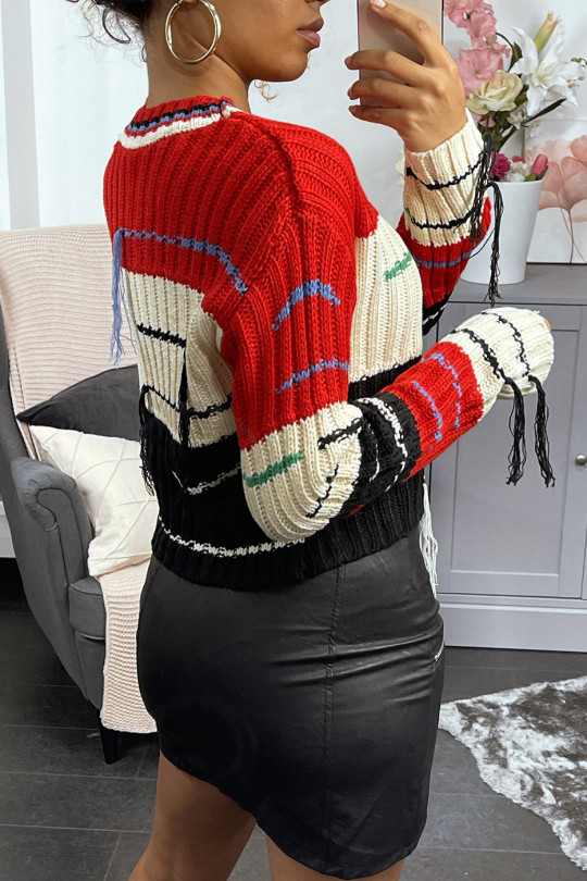 Cropped jumper with predominantly red cable knit and fringe - 7