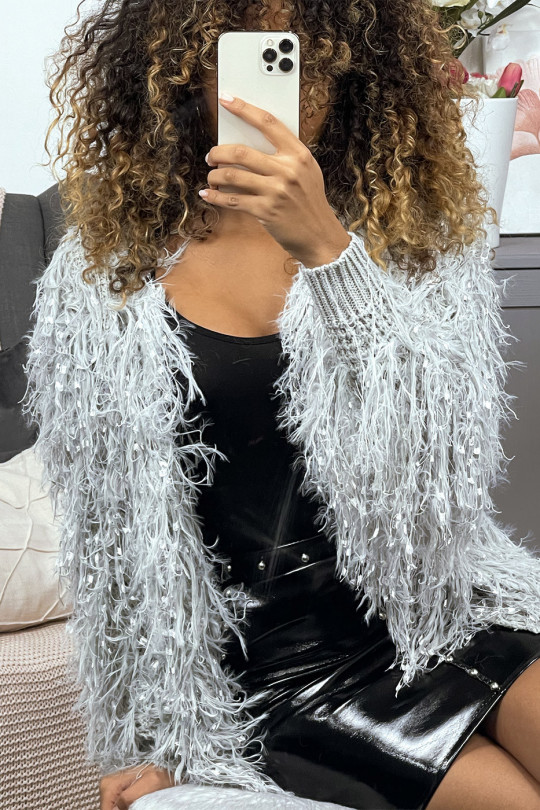Gilet gris à longue frange effet mouton - 1