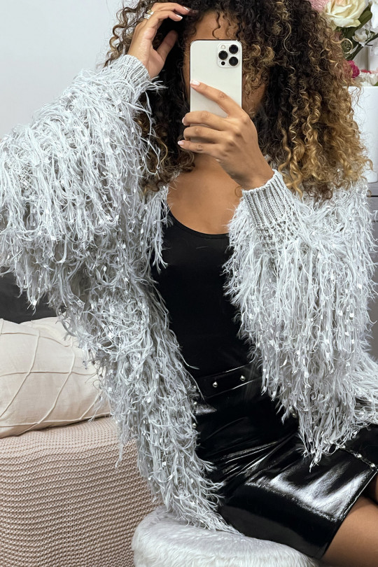 Gilet gris à longue frange effet mouton - 2