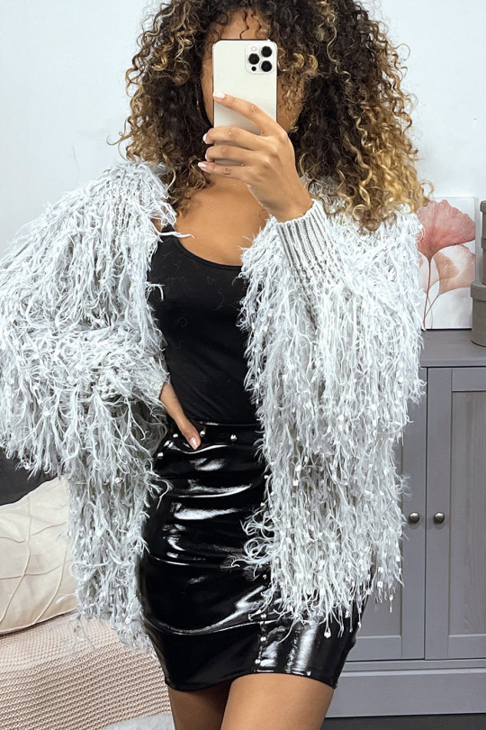 Gilet gris à longue frange effet mouton - 4