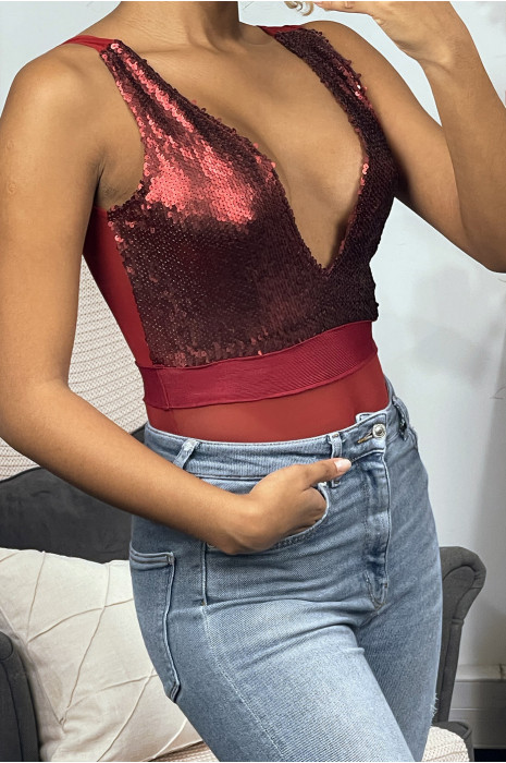 Bodysuit van bordeauxrode tule en lovertjes met diepe hals - 2