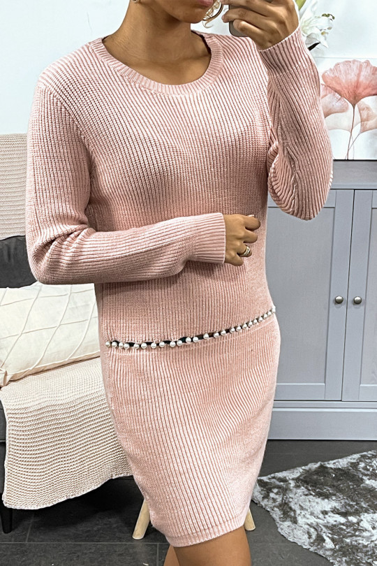 Pink cable knit sweater dress with pearl at waistline - 1
