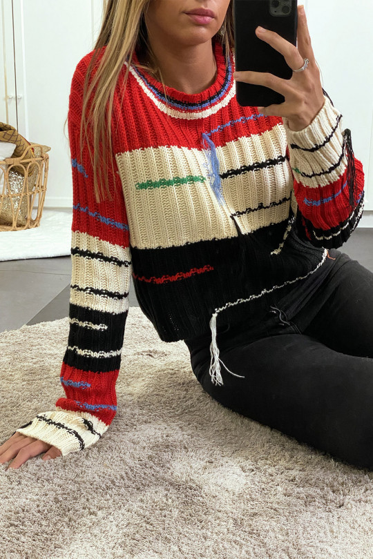 Cropped jumper with predominantly red cable knit and fringe - 12