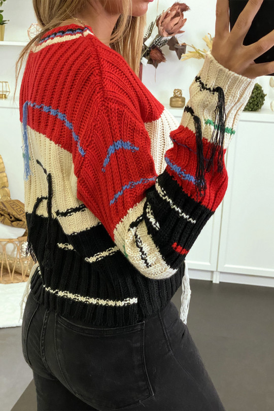 Cropped jumper with predominantly red cable knit and fringe - 15