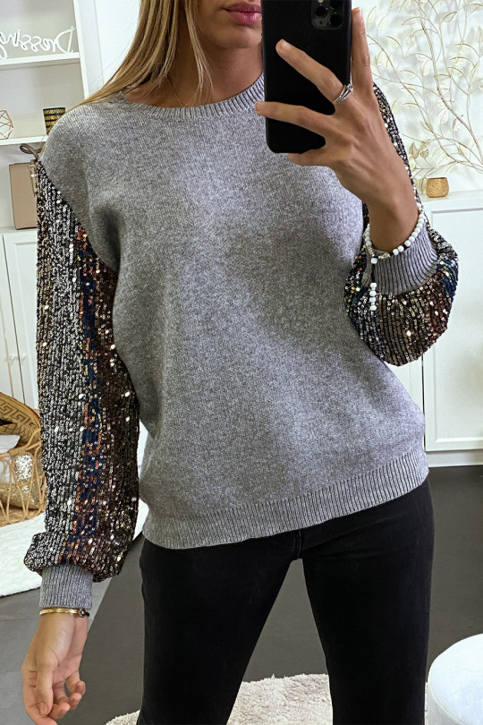 Pull gris doux à manches doublé de dentelle et sequin - 9