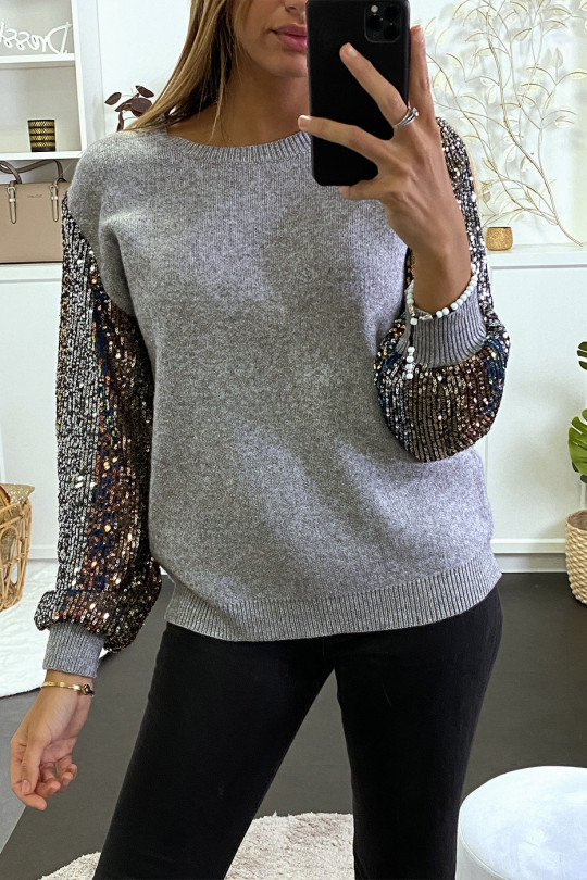 Pull gris doux à manches doublé de dentelle et sequin - 10