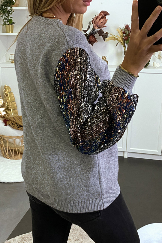 Pull gris doux à manches doublé de dentelle et sequin - 11