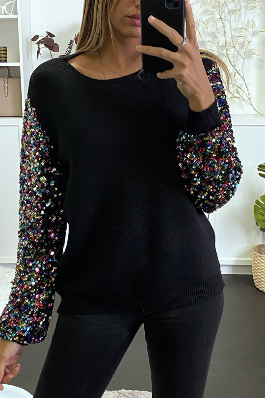 Pull noir très doux à manche doublé de dentelle et sequin - 5