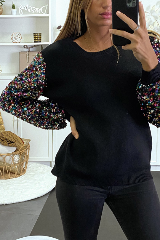 Pull noir très doux à manche doublé de dentelle et sequin - 6