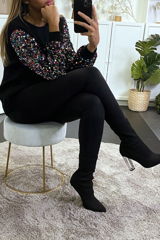 Pull noir très doux à manche doublé de dentelle et sequin - 8