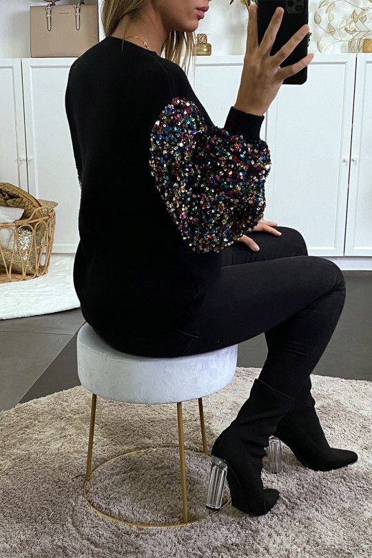 Pull noir très doux à manche doublé de dentelle et sequin - 11