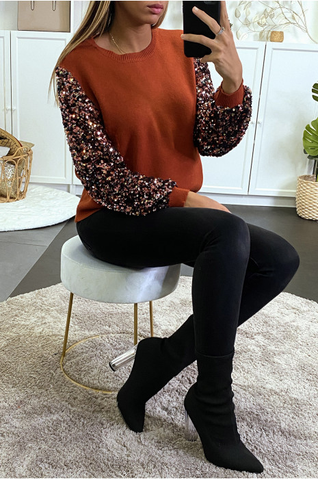 Very soft cognac sweater with sleeve lined with lace and sequins - 4