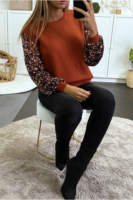 Zeer zachte cognac sweater met mouw gevoerd met kant en pailletten - 6