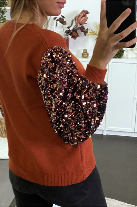 Zeer zachte cognac sweater met mouw gevoerd met kant en pailletten - 7