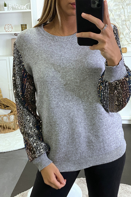 Pull gris doux à manches doublé de dentelle et sequin - 13