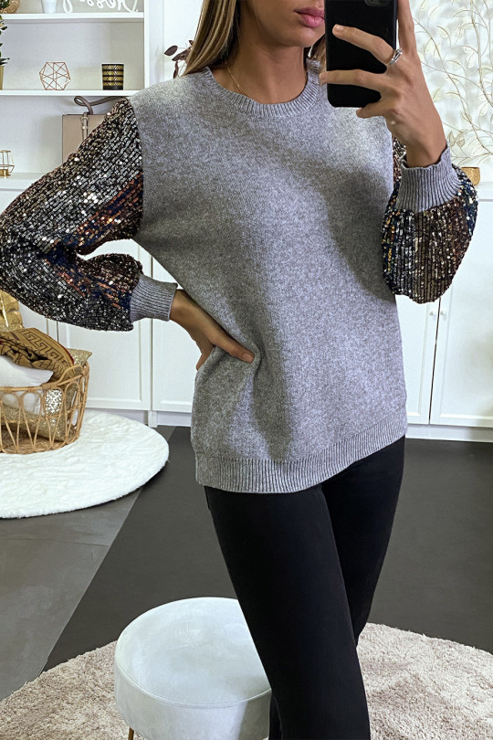 Pull gris doux à manches doublé de dentelle et sequin - 14