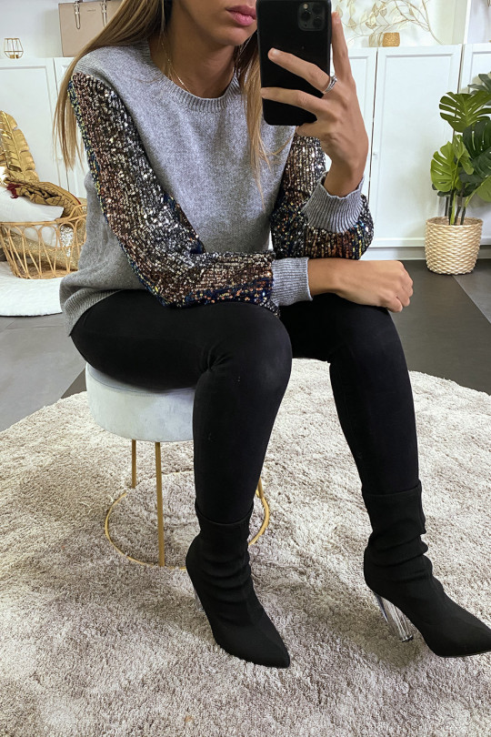 Pull gris doux à manches doublé de dentelle et sequin - 15