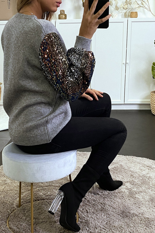 Pull gris doux à manches doublé de dentelle et sequin - 17