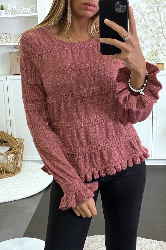 Donkerroze sweater met fijn kabelbreisel en glanzend draad - 1