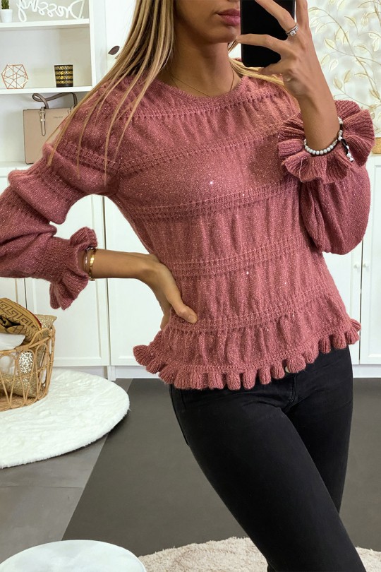 Donkerroze sweater met fijn kabelbreisel en glanzend draad - 2