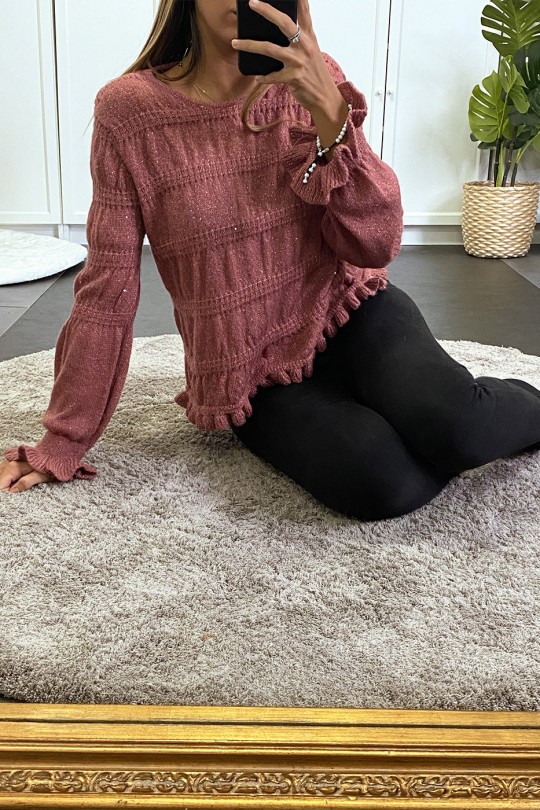 Donkerroze sweater met fijn kabelbreisel en glanzend draad - 3