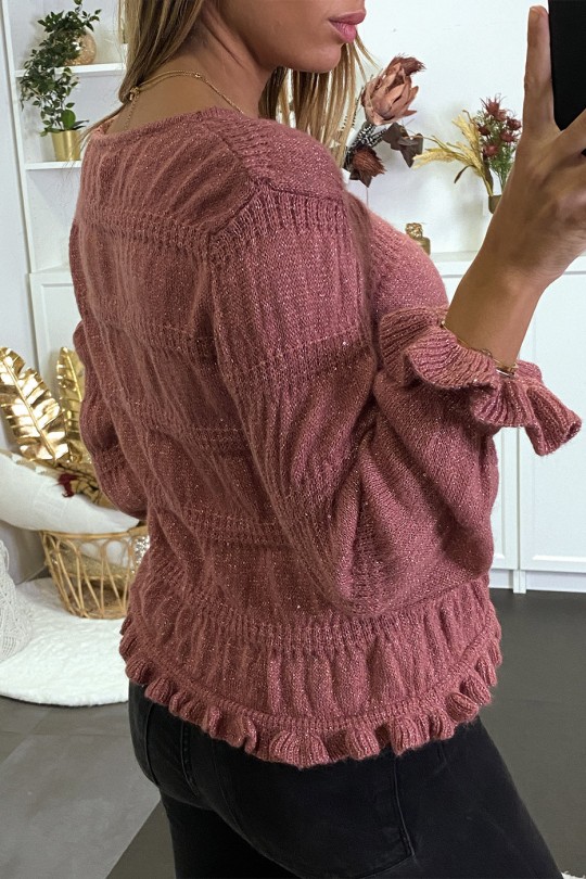 Donkerroze sweater met fijn kabelbreisel en glanzend draad - 5