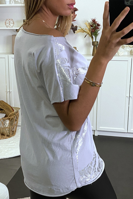T-shirt gris à imprimé brillant à col bardot - 4 T-shirt gris à imprimé brillant à col bardot - 4