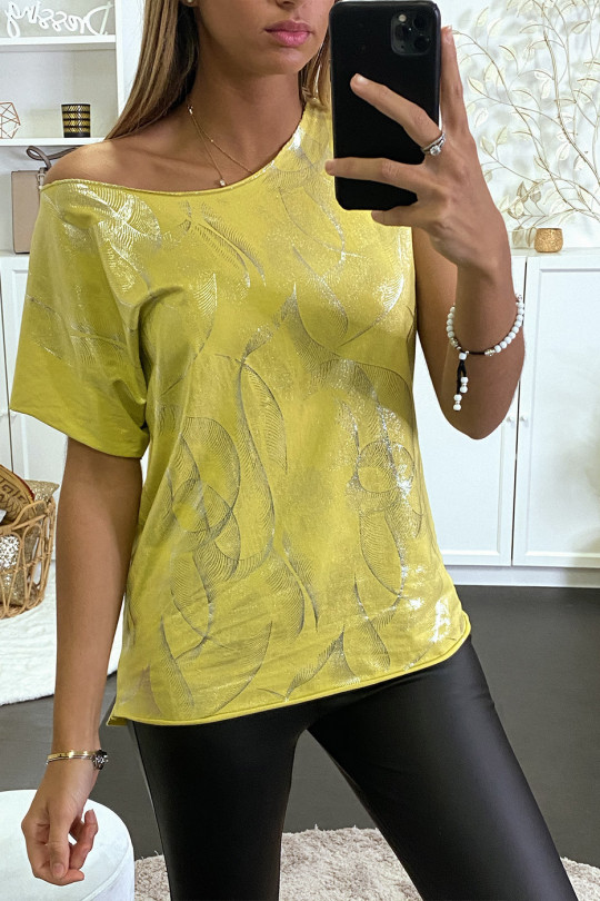 T-shirt moutarde à motif plume argenté - 2