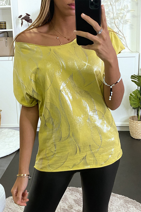 T-shirt moutarde à motif plume argenté - 3