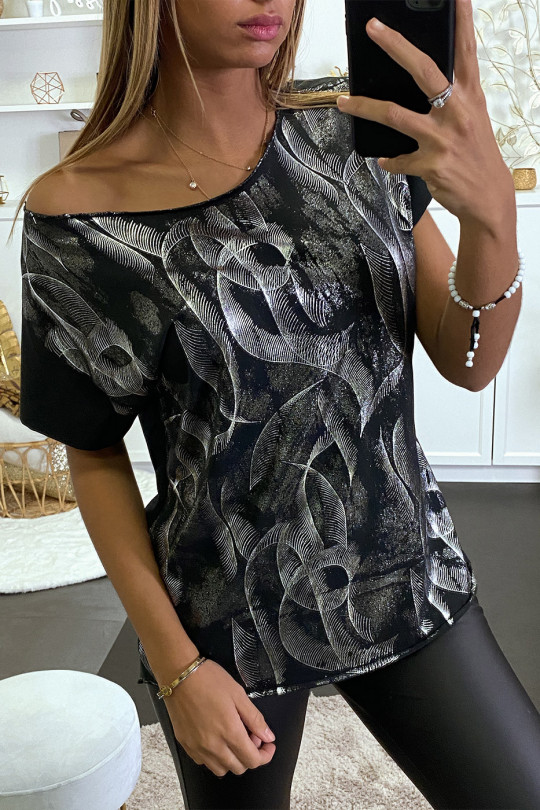 T-shirt noir à motif plume argenté - 2
