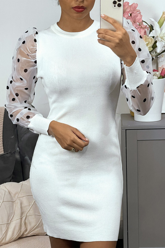White sweater dress with puffed plumetis sleeves - 1
