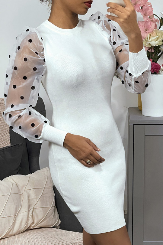 White sweater dress with puffed plumetis sleeves - 2