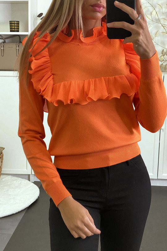 Oranje sweater met ruche voor- en achterkant - 1