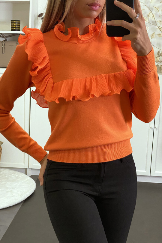 Oranje sweater met ruche voor- en achterkant - 2