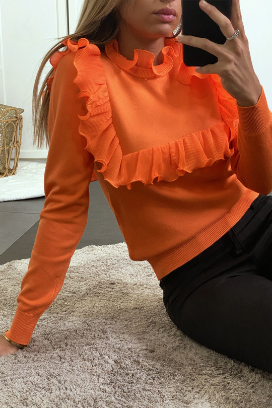 Oranje sweater met ruche voor- en achterkant - 3