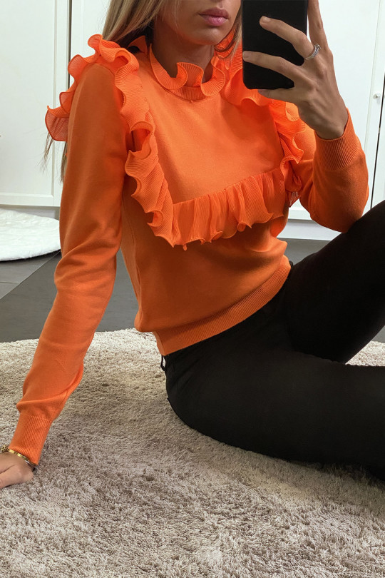 Oranje sweater met ruche voor- en achterkant - 4