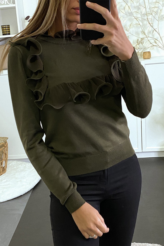 Khaki sweater with ruffle front and back - 1