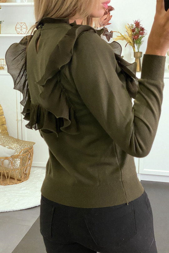 Khaki sweater with ruffle front and back - 2