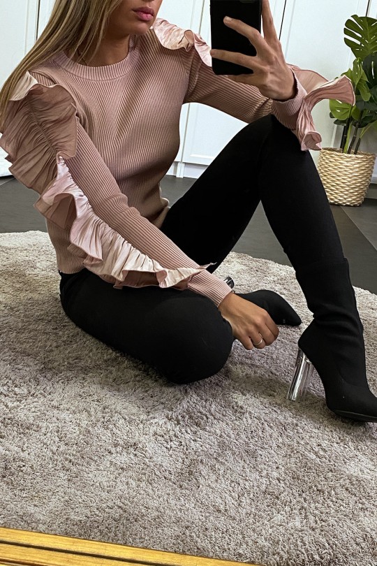 Pink ribbed sweater with ruffle on the sleeves - 10