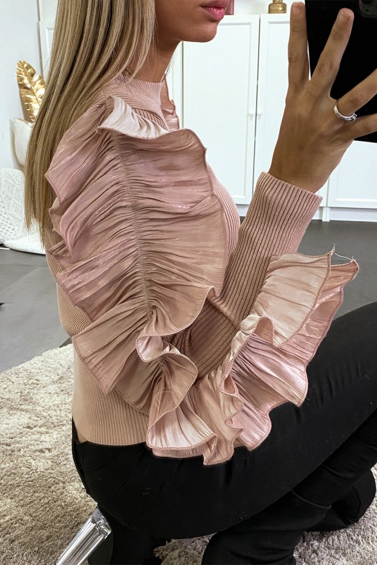 Pink ribbed sweater with ruffle on the sleeves - 11
