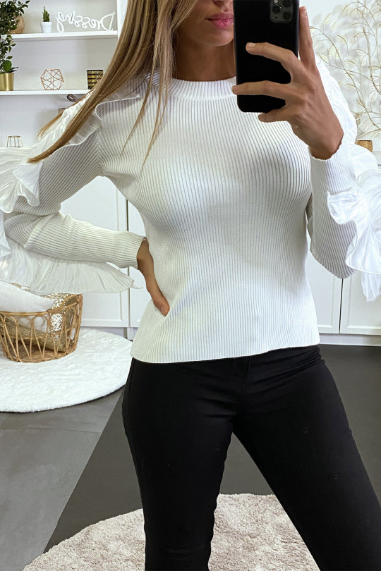 Witte geribbelde sweater met ruche op de mouwen - 5