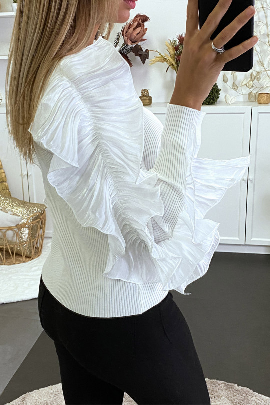Witte geribbelde sweater met ruche op de mouwen - 10