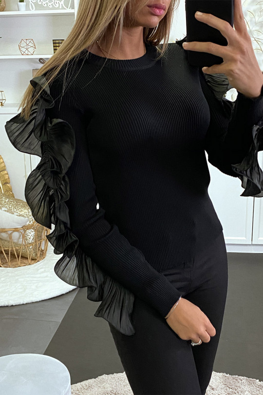 Black ribbed sweater with ruffle on the sleeves - 1